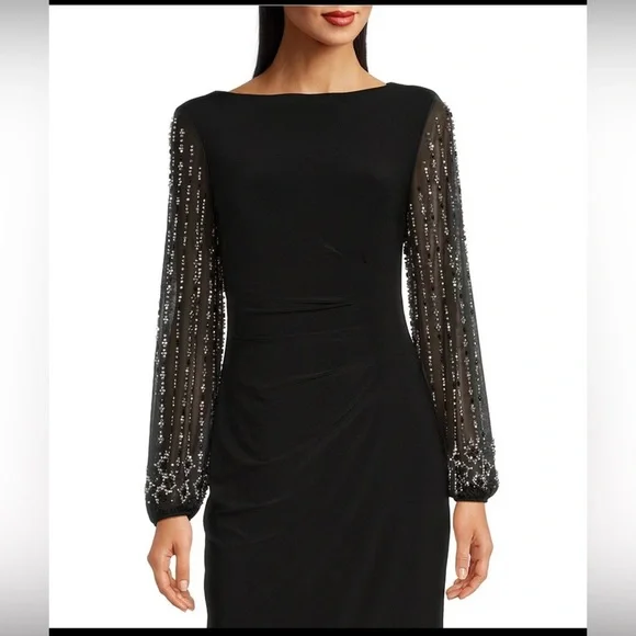 NWT Marina boat neck jersey long beaded sleeve back slit sheath black Dress - Picture 4 of 11